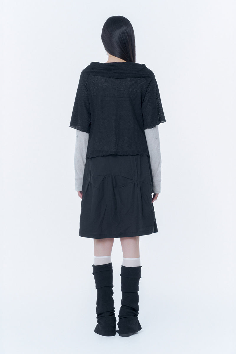 Diagonal crochet knit top BLACK