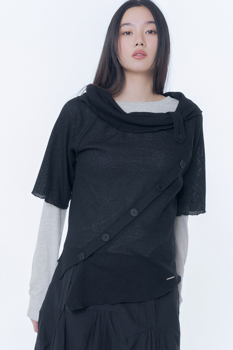 Diagonal crochet knit top BLACK