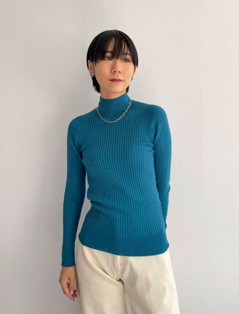 Whole Garment High Neck Rib Knit / BLUE / 166cm