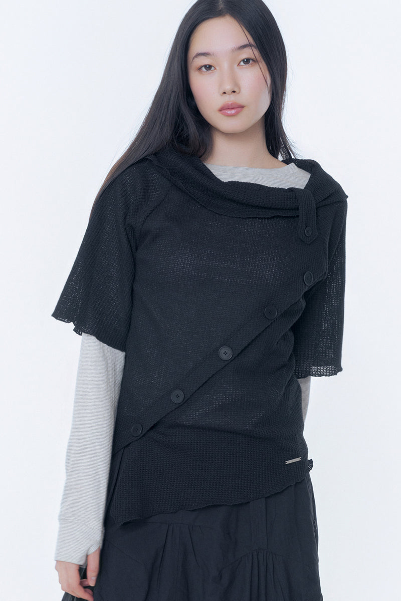 Diagonal crochet knit top BLACK