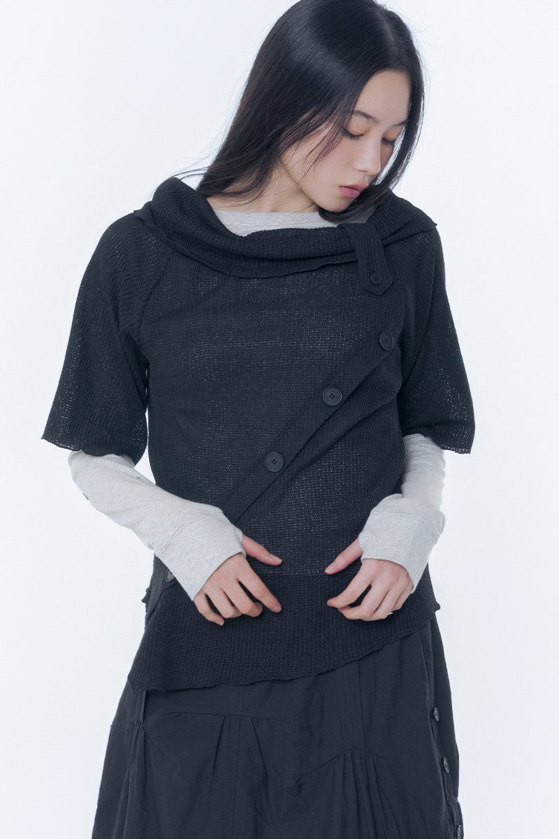 Diagonal crochet knit top BLACK