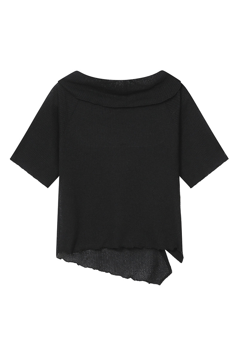 Diagonal crochet knit top BLACK