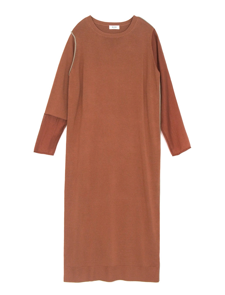 Sheer switching knit one piece / TERRACOTTA