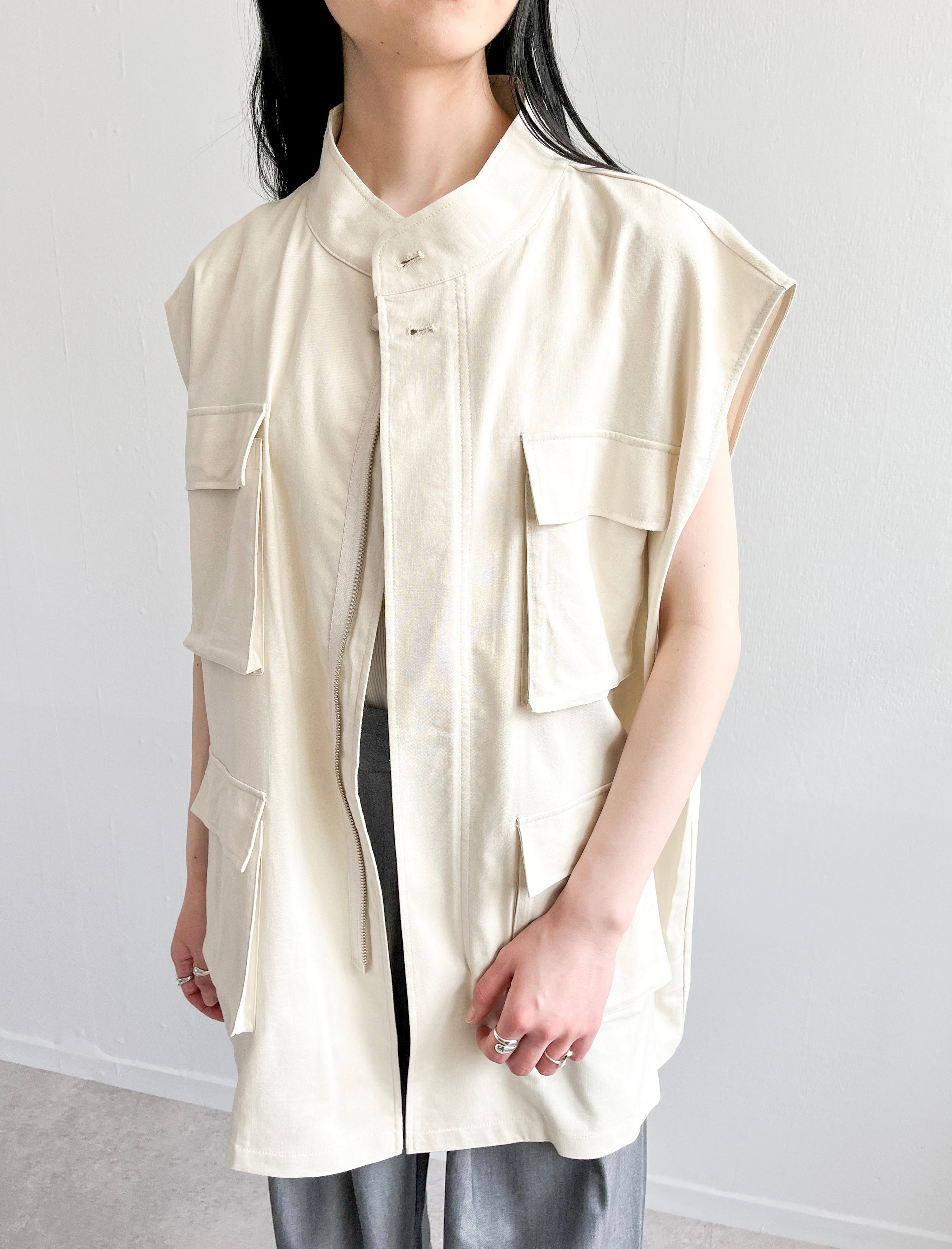 Cotton Linen Pocket Vest / IVORY / 155cm