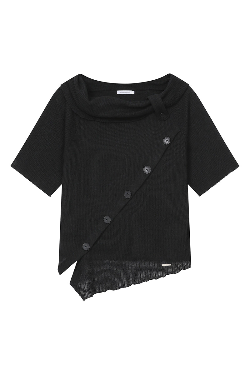 Diagonal crochet knit top BLACK
