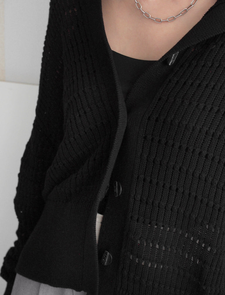 Crochet Knit Cardigan / BLACK