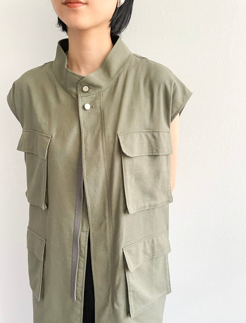 Cotton Linen Pocket Vest / KAHKI / 166cm