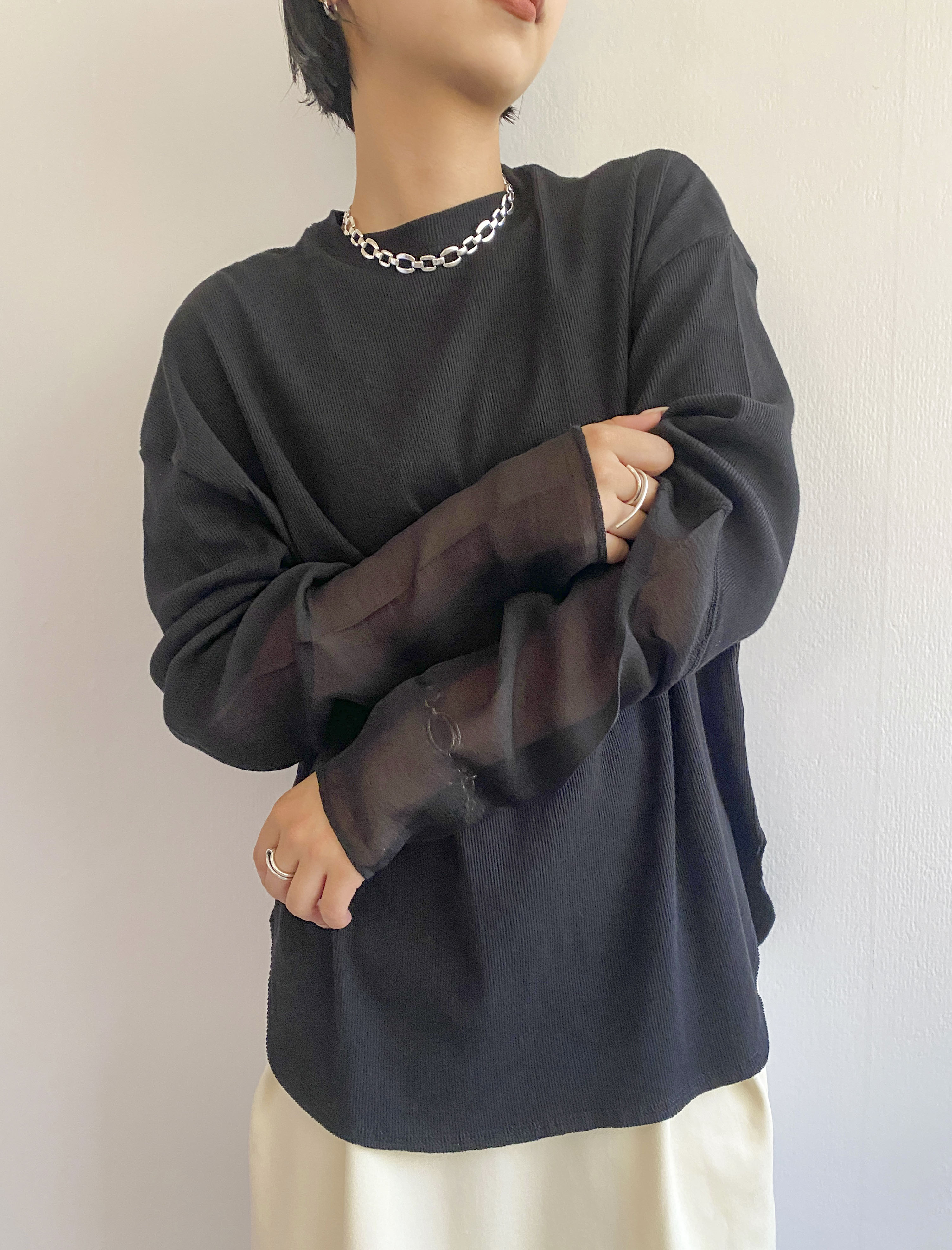 Sheer Sleeve Tops / BLACK / 158cm