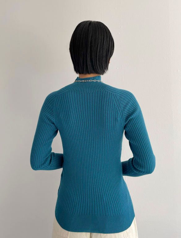 Whole Garment High Neck Rib Knit / BLUE / 166cm