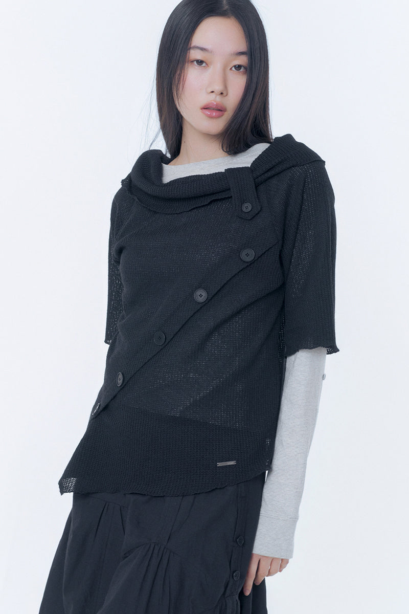 Diagonal crochet knit top BLACK