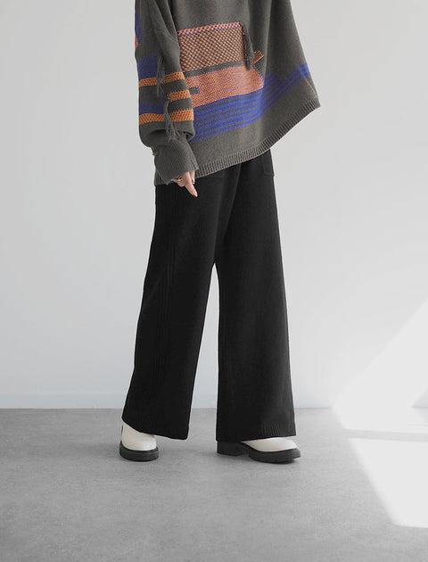 Wool Rib Line Wide Pants / BLACK / 158cm