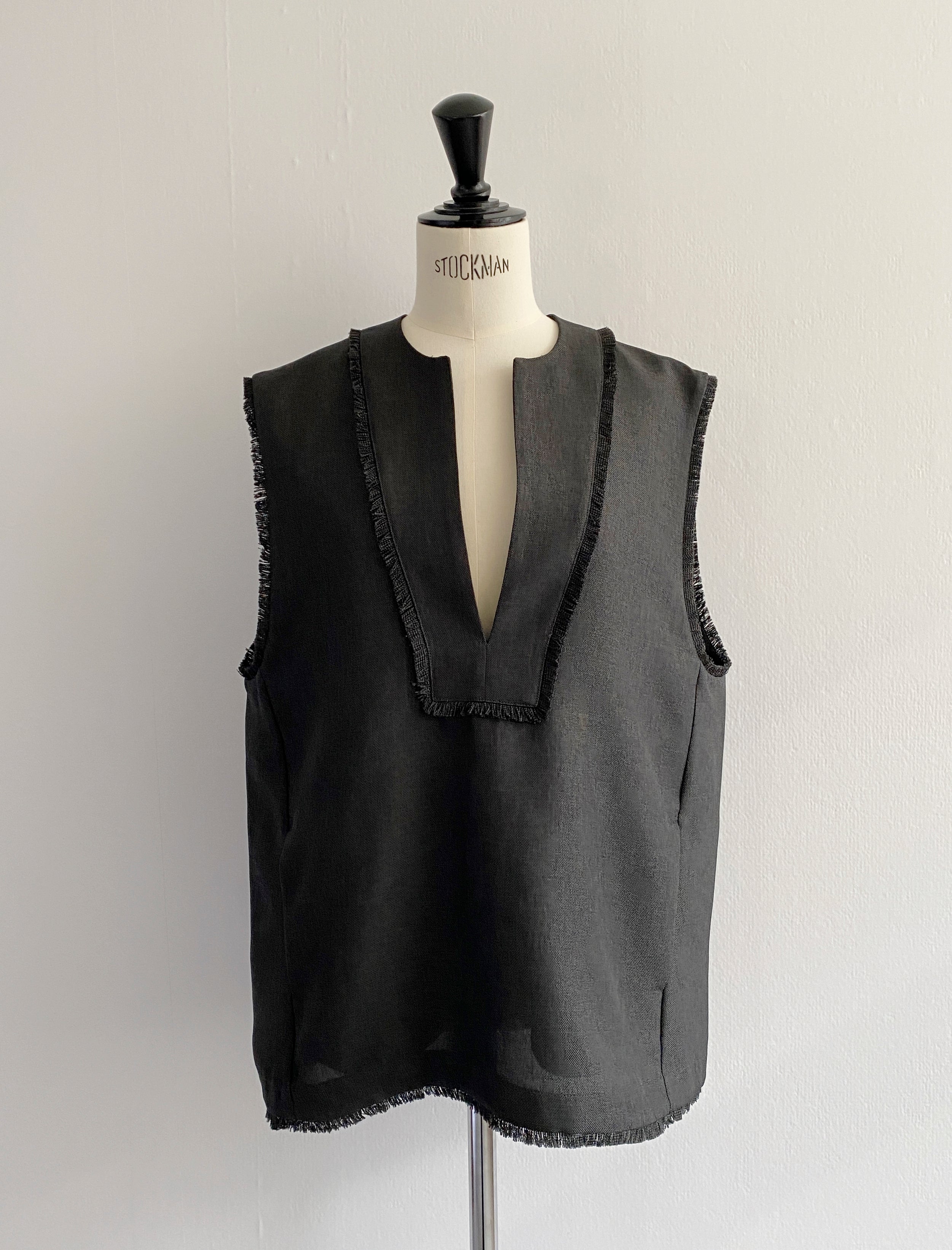 Linen Like Fringe Vest / BLACK